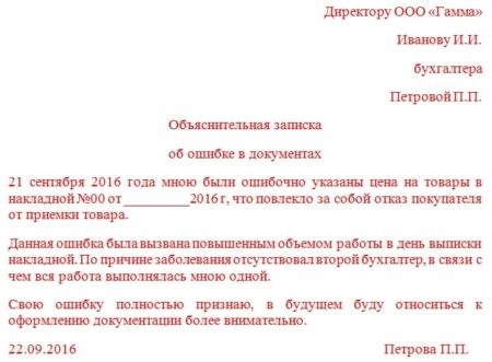 Образец объяснительной записки при прогуле или отсутствии на рабочем месте