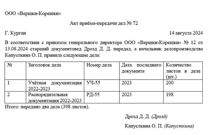 Образец приказа о передаче дел при увольнении сотрудника